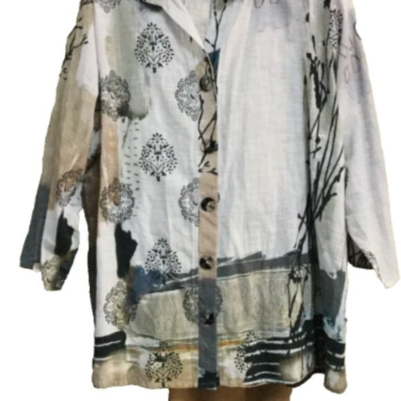 Parsley & Sage Women Plus Size 3X Top Blouse Tunic Button Front Pockets Tan Blue - Picture 2 of 6